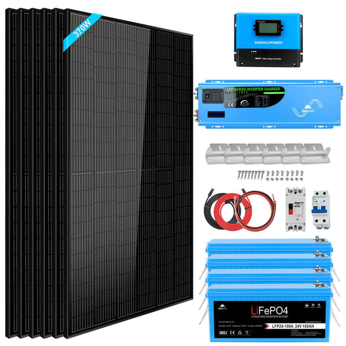 SunGold Power Solar Kit 6000W Off Grid | 24VDC 120V/240V LiFePO4 10.24KWH Lithium Battery | 6 X 370 Watt Solar Panels SGK-PRO62