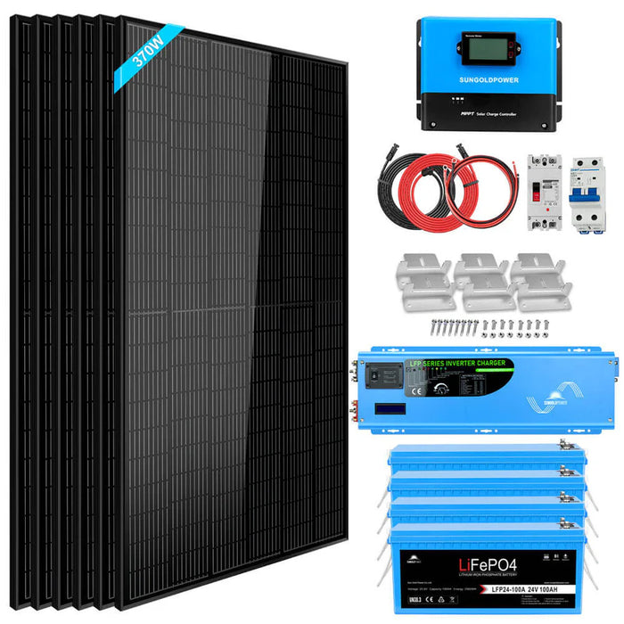 SunGold Power Solar Kit 6000W Off Grid | 48VDC 120V/240V LifePO4 10.24KWH Lithium Battery | 6 X 370 Watt Solar Panels SGK-PRO64