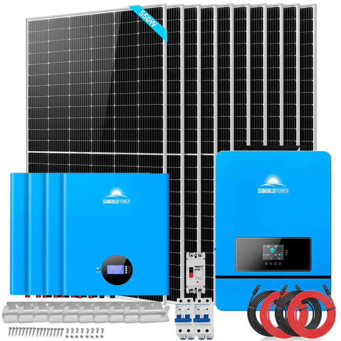 SunGold Power Solar Kit | 10 X 550 WATTS SOLAR PANELS | 4 X 5.12KWH POWERWALL LITHIUM BATTERY | 10KW SOLAR INVERTER 48VDC 120V/240V SGM-10K20