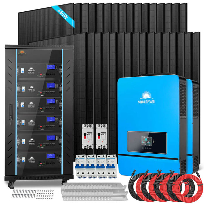 SunGold Power Server Rack Solar Kit off-grid | 20KW 48VDC 120V/240V LIFEPO4 30.72KWH LITHIUM BATTERY | 32 X 440 WATTS SOLAR PANELS SGR-20K30E