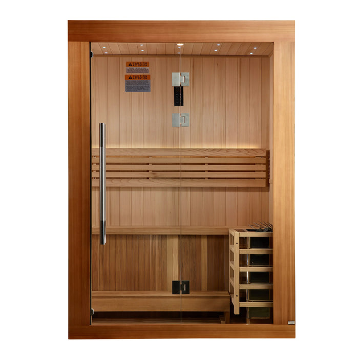 Golden Designs 2025 Updated "Sundsvall" 2 Person indoor Traditional Sauna - Canadian Red Cedar Interior and Pacific Premium Clear Cedar Exterior