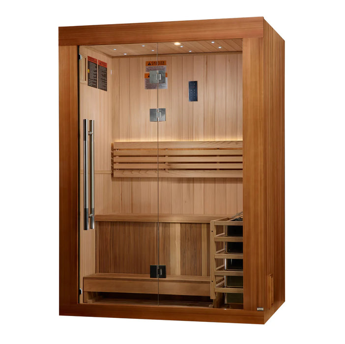 Golden Designs 2025 Updated "Sundsvall" 2 Person indoor Traditional Sauna - Canadian Red Cedar Interior and Pacific Premium Clear Cedar Exterior