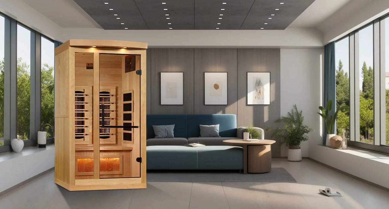 Golden Designs "Reserve" 1-2-Person Near Zero EMF FAR Infrared Sauna with Himalayan Salt Bar