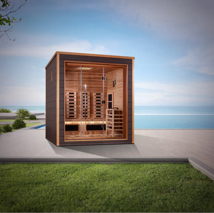 Golden Designs "Visby" 3 Person Outdoor-Indoor PureTech™ Hybrid Full Spectrum Sauna  - Canadian Red Cedar Interior