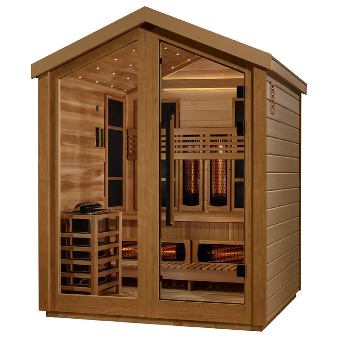 Golden Designs "Loviisa" 3 Person Hybrid (PureTech™ Full Spectrum IR or Traditional Stove) Outdoor Sauna - Canadian Red Cedar Interior
