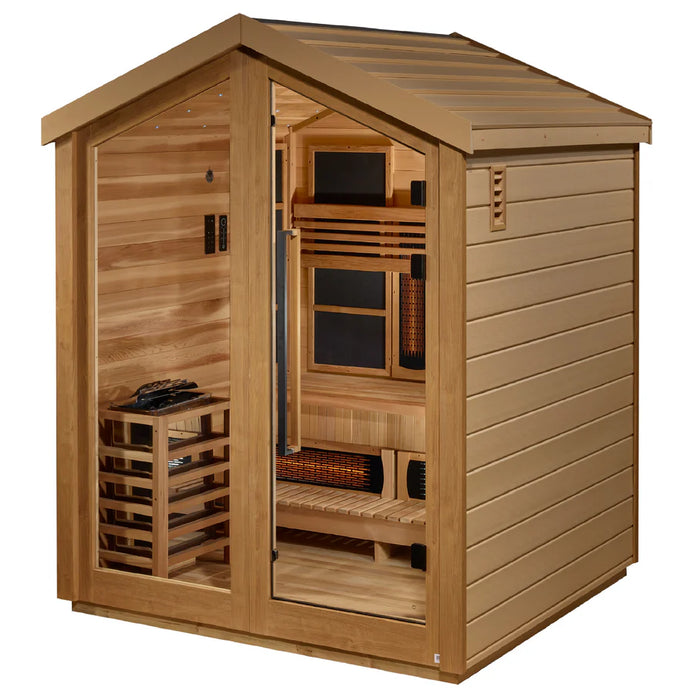 Golden Designs "Loviisa" 3 Person Hybrid (PureTech™ Full Spectrum IR or Traditional Stove) Outdoor Sauna - Canadian Red Cedar Interior