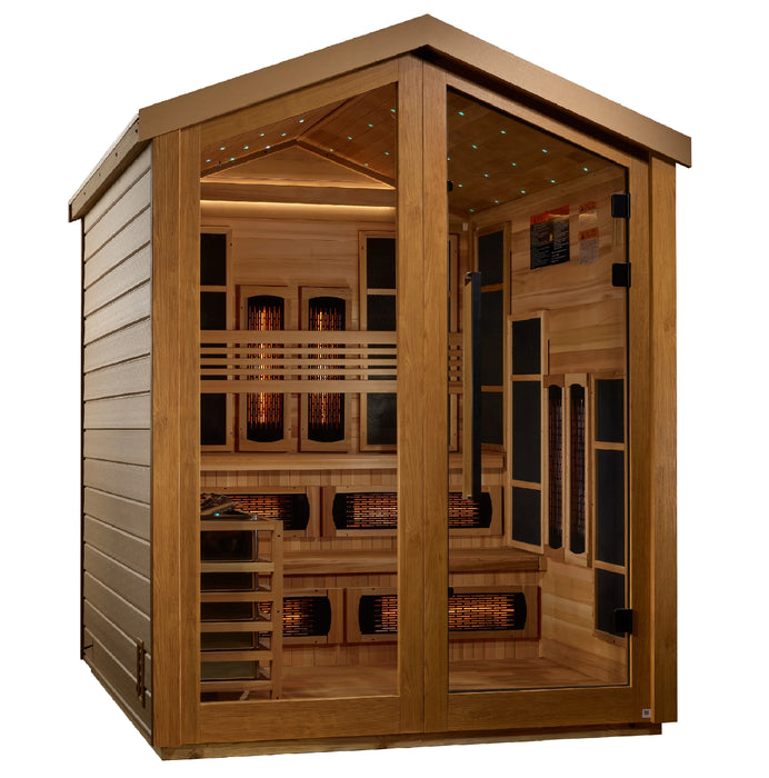 Golden Designs "Kaskinen" 6 Person Hybrid (PureTech™ Full Spectrum IR or Traditional Stove) Outdoor Sauna - Canadian Red Cedar Interior