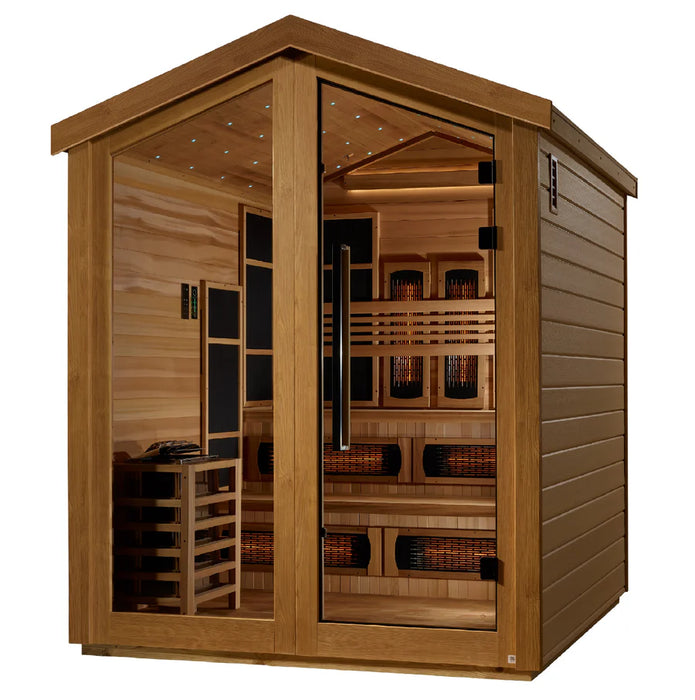 Golden Designs "Kaskinen" 6 Person Hybrid (PureTech™ Full Spectrum IR or Traditional Stove) Outdoor Sauna - Canadian Red Cedar Interior