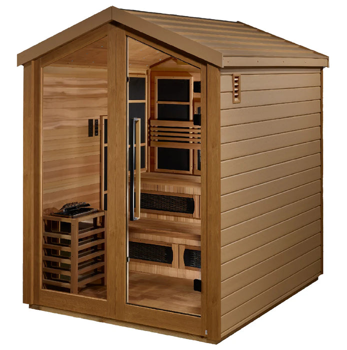 Golden Designs "Kaskinen" 6 Person Hybrid (PureTech™ Full Spectrum IR or Traditional Stove) Outdoor Sauna - Canadian Red Cedar Interior