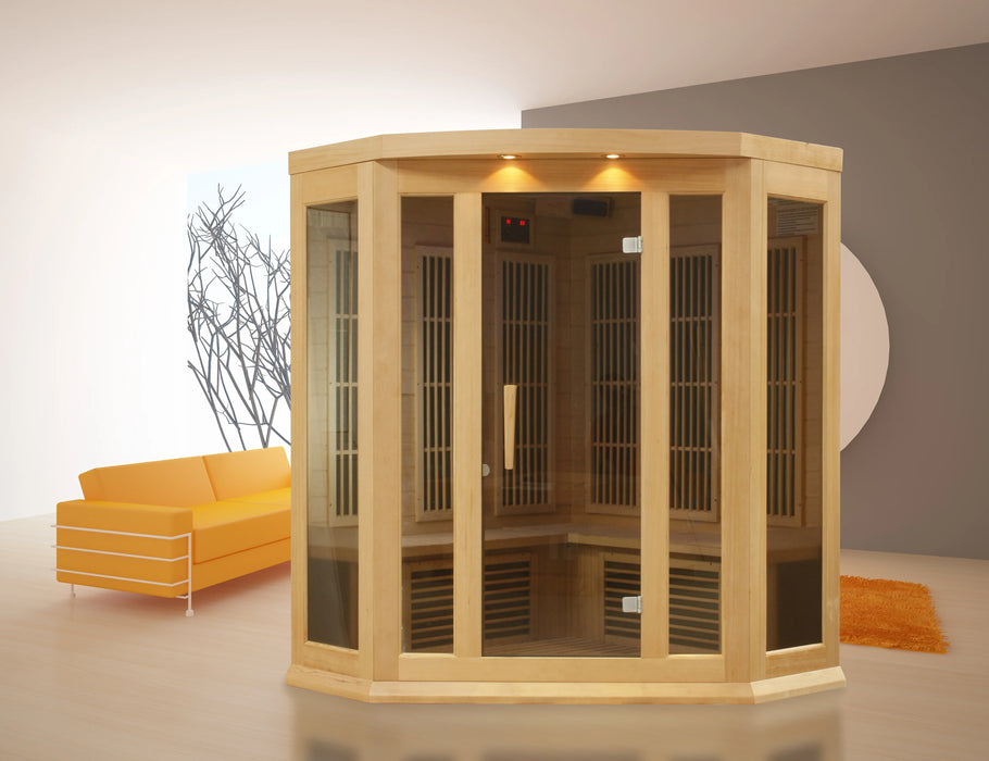 Maxxus 3 Person Corner Infrared Sauna Low EMF FAR | Canadian Hemlock