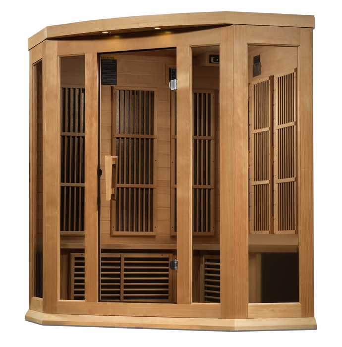 Maxxus 3 Person Corner Infrared Sauna Low EMF FAR | Canadian Hemlock