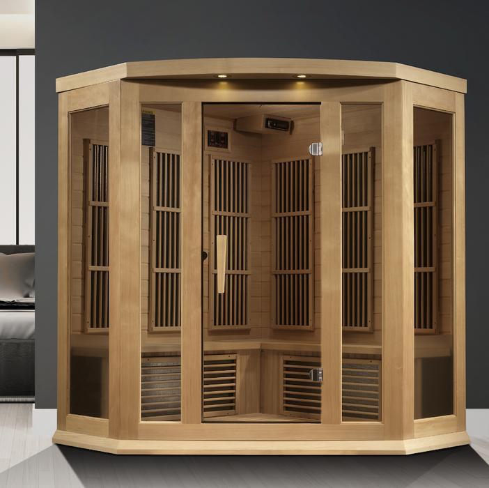 Maxxus 3 Person Corner Infrared Sauna Low EMF FAR | Canadian Hemlock