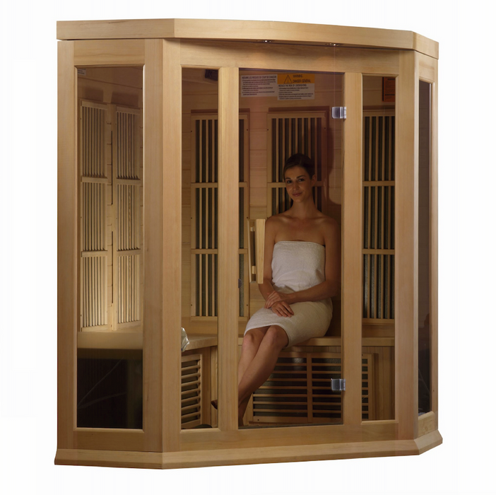 Maxxus 3 Person Corner Infrared Sauna Low EMF FAR | Canadian Hemlock